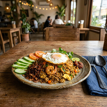 Healthy colorful plate of food on wooden table