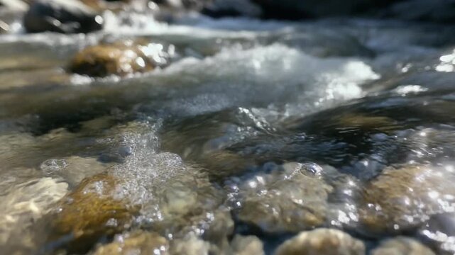 Flowing river water over stones, cinematic macro shot of a fresh mountain stream in nature.