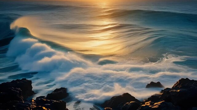 Beautiful slow motion shot of sea waves breaking on dark rocks with warm sunset reflection on the water.