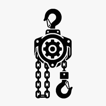 Elegant Black and White of a Chain Hoist with Hook and Gear Mechanism with high quality professional line art symbols for modern creative design and digital branding projects