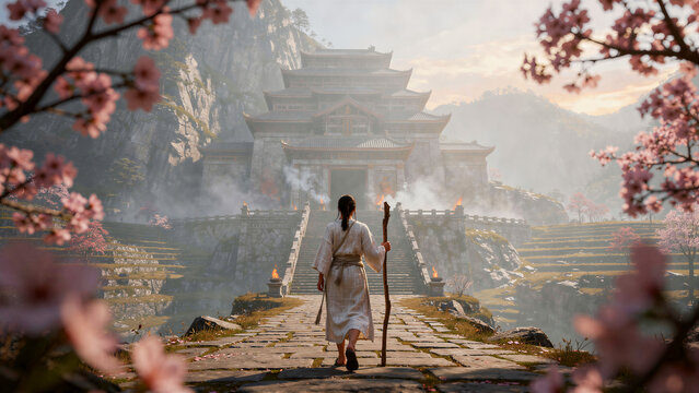Traveler walks with staff toward a mountain temple. Oriental landscape with cherry blossoms and ancient architecture. Zen journey concept, ideal for fantasy or heritage travel content.
