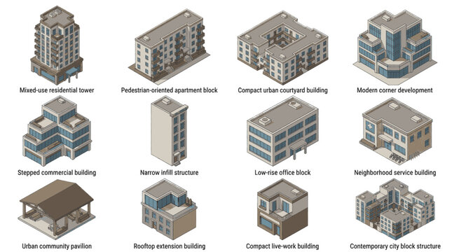 Collection of isometric building illustrations showing various architectural styles and urban designs.