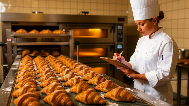 Female baker inspecting rows of fresh croissants in a professional bakery. Pastry chef writing on a clipboard monitoring food production. Quality control concept for bakery business marketing.