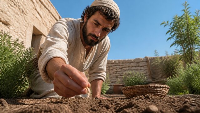 Bearded man planting a mustard seed in a garden. Biblical parable of the Kingdom of God growing from small beginnings. Christian faith, scripture, and spiritual growth concept.