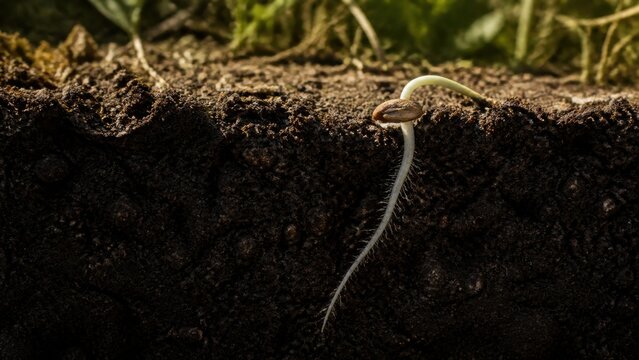 Seedling emerging from fertile soil, illustrating the mustard seed parable and spiritual growth in the Kingdom of God from Luke 13