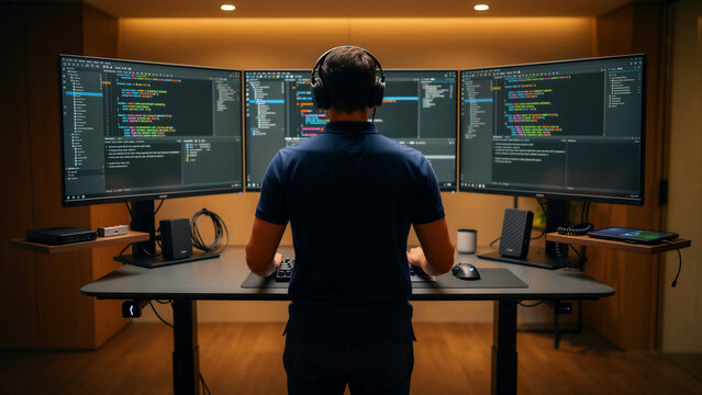 Software developer coding at a triple monitor workstation. Programmer wearing headphones working on complex engineering tasks. IT and cybersecurity concept for technology marketing.