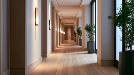 Fototapeta premium A long hallway with wooden floors wall mounted lights and potted plants near tall