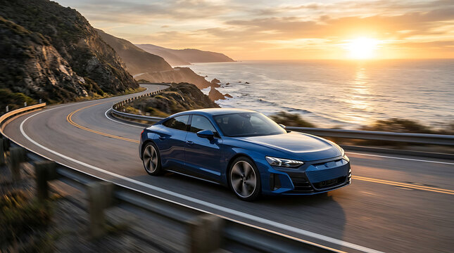 Luxury electric sports car speeding along scenic coastal cliff road at golden sunset hour