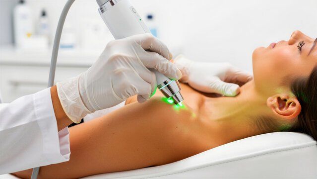 Professional performing laser treatment on woman's chest area. Beautician using advanced cosmetic technology for skin rejuvenation in a clinic. Medical aesthetics concept for dermatology marketing.