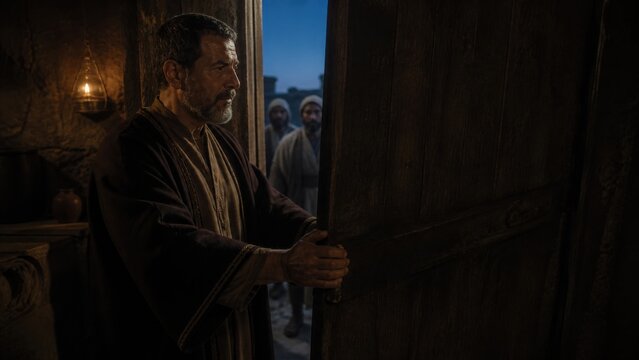 Man closing a wooden door while people wait outside. Biblical parable of the narrow gate, spiritual judgment, repentance, and salvation from Luke chapter 13.