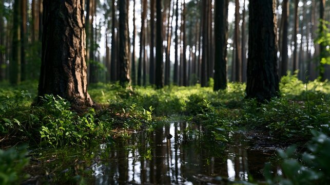 Sunlight filters through tall pine trees casting reflections on a wet forest floor covered in green undergrowth