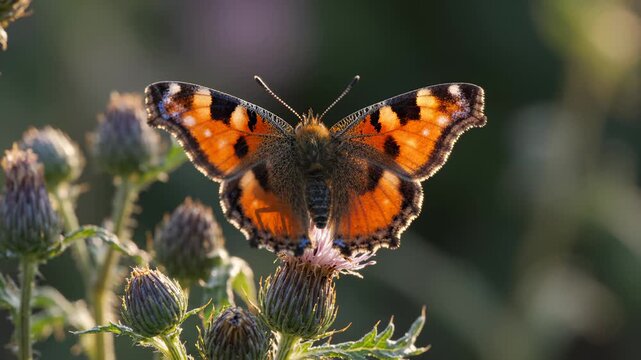 Small Tortoiseshell Butterfly Resting on a Thistle Flower in a Sunny Meadow