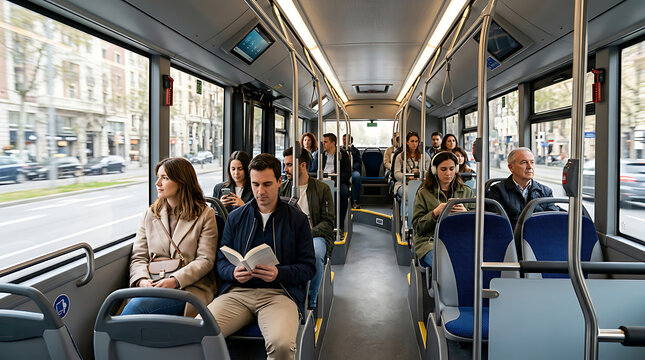 Passengers seated on modern electric city bus during urban commute.Electric city bus interior with diverse commuters during rush hour transit ride.