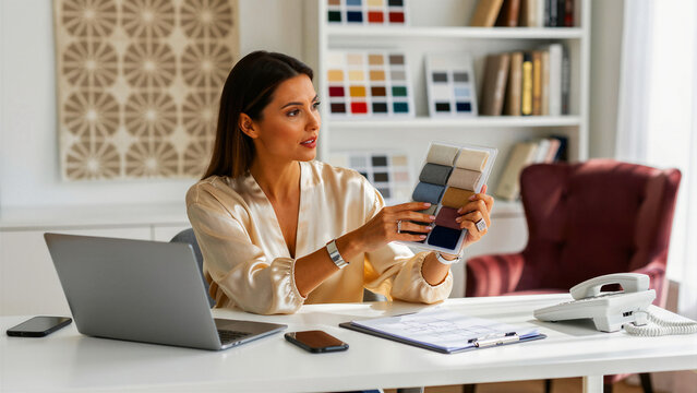 Female interior designer holding fabric swatches at her desk. Expert decorator selecting materials for a renovation. Creative design consultancy concept for professional branding.