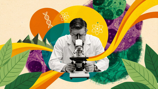 Scientist in lab coat using a microscope for biological research. Artistic collage with colorful abstract shapes, DNA, and nature elements. Biotechnology and scientific exploration concept.