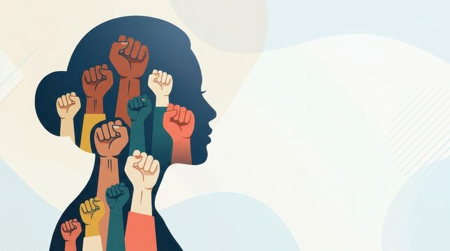 Diverse hands raised in unity inside a head illustration,
showcasing women empowerment, unity, rights, equality.