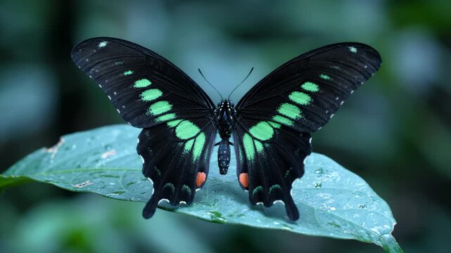 Beautiful Emerald Swallowtail Butterfly Opening Wings on a Green Leaf in Tropical Forest