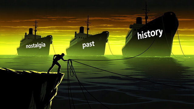 Silhouette of man pulling ropes connected to ships labeled nostalgia past and history. Figure on cliff anchoring massive liners in surreal sea. Emotional burden and memory legacy concept.