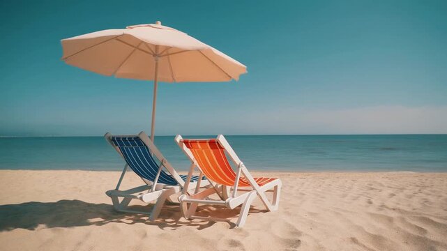 "Two lounge chairs under large white umbrella on sandy beach with calm ocean and clear blue sky, symbolizing relaxation, leisure, and peaceful seaside vacation in a tranquil coastal setting."