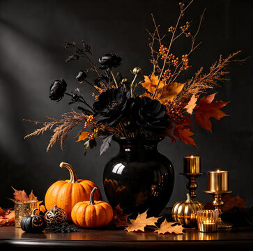 black vas with pumpkin for halloween decoration