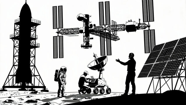 Astronauts and engineers working on a lunar base with a space station and rocket. Silhouette illustration featuring a moon rover and solar panels. Future space exploration concept for science themes.