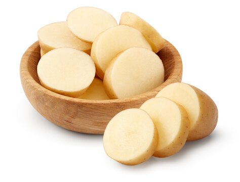 sliced raw potato isolated on white background. clipping path