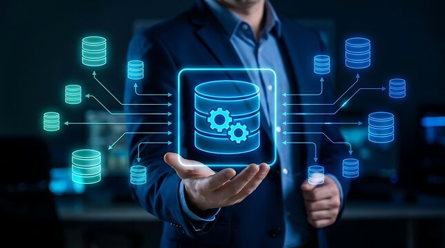 Man in suit holding glowing database management symbol surrounded by multiple connected storage node