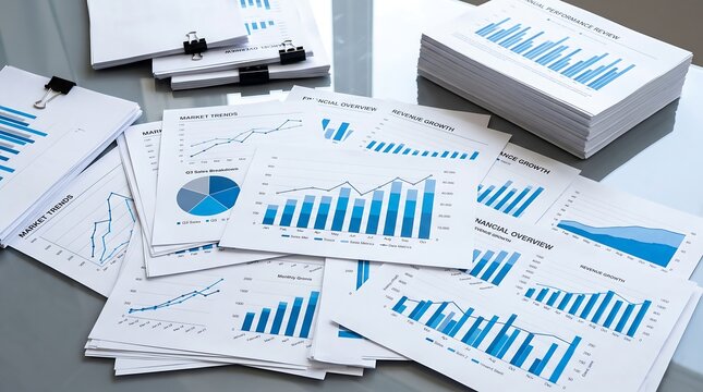 Multiple printed financial charts and report stacks scattered across office desk