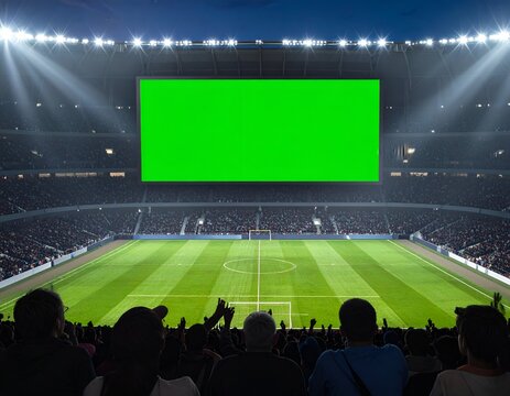 Football stadium night shot, huge green screen display, lit field, packed stands, fans cheering