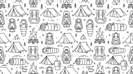 Naklejka premium Camping Gear Seamless Pattern with Tents, Backpacks, Sleeping Bags, Lanterns and Campfires