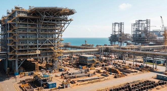 Expansive offshore oil and gas construction facility with multiple industrial platforms and structures at sea.
