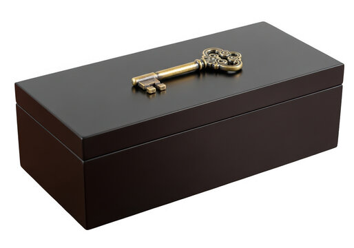 Antique brass key rests atop a dark wooden box on transparent background