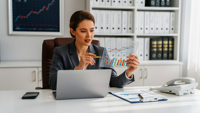 Businesswoman analyzing data on transparent tablet in office. Executive reviewing financial charts and market stats at desk. Data analysis concept for corporate investment and growth marketing.