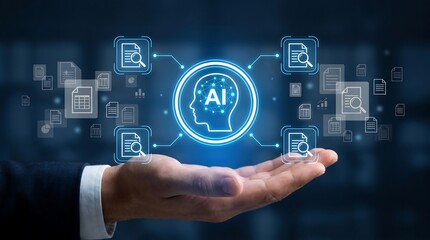 Obraz premium Business executive holding a glowing digital brain interface representing artificial intelligence