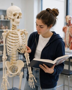 Female student in navy hoodie examines human skeleton model while reading anatomy book in a classroom with anatomical charts and models in the background