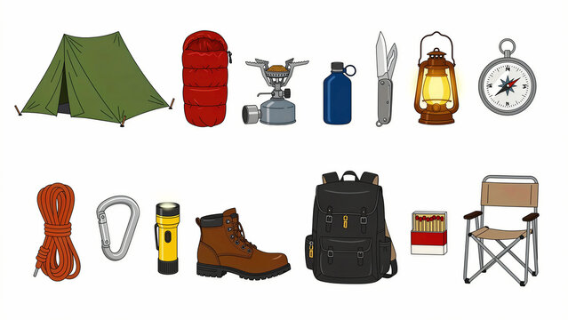 Camping equipment set featuring hiking gear illustrations. Tent, backpack, and survival tools on white background. Outdoor adventure concept for travel and retail marketing.