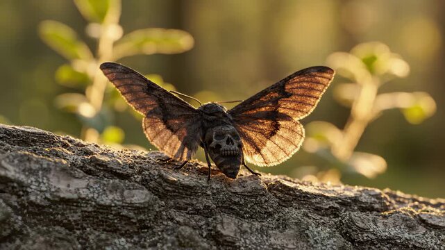 Death's Head Hawkmoth Resting on Tree Bark in Golden Hour Sunlight
