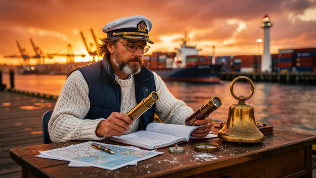 Captain studying logbook with telescope at harbor during sunset. Navigator planning routes with cargo ships and lighthouse background. Maritime logistics concept, ideal for global trade marketing.