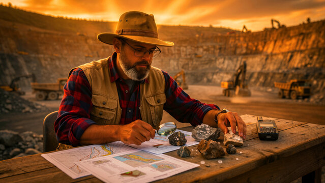 Geologist examining ore samples with magnifying glass at open-pit mine. Engineer reviewing maps and mineral specimens during golden hour. Resource exploration concept for industrial mining.