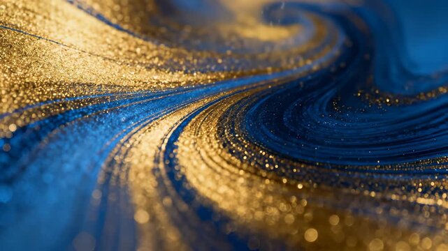 Abstract swirling gold and blue glitter texture background with shimmering metallic waves
