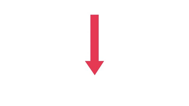 Red arrow animation pointing down repeatedly on white background for motion graphics. Red arrow animation featuring a flat red arrow pulsing downwards on a clean white background. 4K animation.