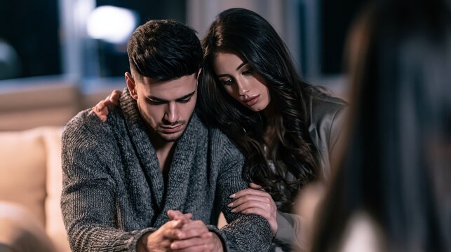 Couple feeling sad and experiencing relationship issues during a counseling session. Mental health concept