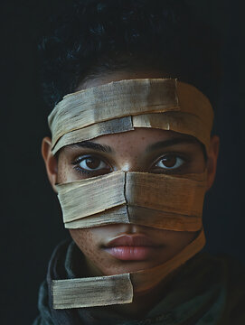 A man with his face taped over looks straight ahead against a dark background with a concentrated expression.