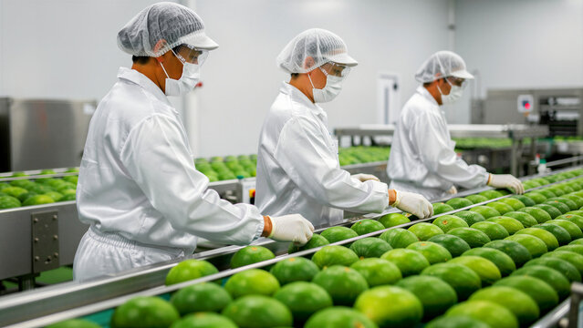 Workers in PPE sort green fruit on a factory conveyor belt. Staff inspect produce in a sterile food facility. Food safety concept for industrial manufacturing and quality control marketing.