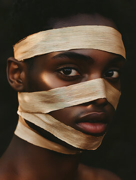 A man stands against a dark, gloomy background, staring straight ahead with a focused, tense expression. His face is covered in numerous stripes.
