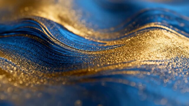 Abstract flowing wave texture with luxury blue and gold glitter shimmering in a dynamic artistic liquid pattern