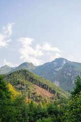 Fototapeta premium scenic green mountain landscape with forested hills under blue sky and scattered clouds