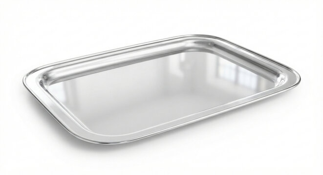 Shiny silver metal tray isolated PNG, serving platter for food presentation and catering events on transparent background
