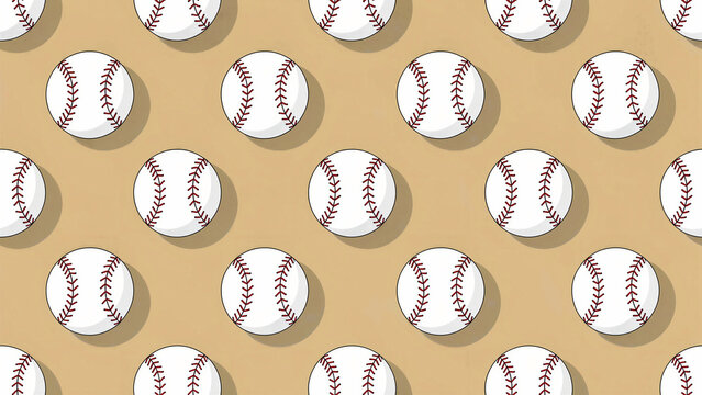 Seamless pattern of baseballs arranged in a grid on a tan background. Illustrative design featuring white balls with red stitching. Sporty graphic ideal for athletic branding and wallpaper design.