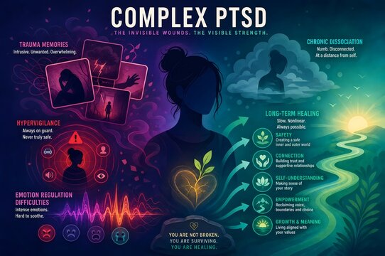 Complex PTSD infographic illustration of trauma symptoms and long term healing pathway